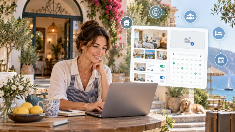 Hotelier bei der Vorbereitung der Online-Veröffentlichung seines Hauses