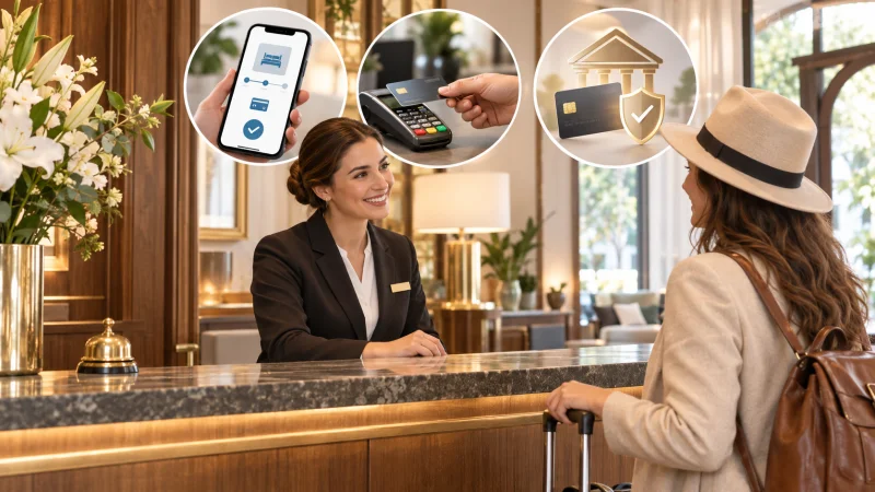 Traveler choosing between online payment and on-site payment with a guarantee card