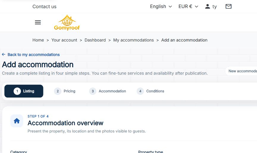 Real screenshot of the four-step publication process on Gomyroof