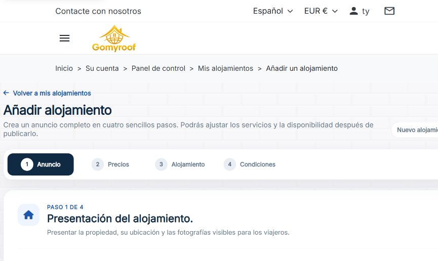 Captura real del proceso de publicación en cuatro pasos de Gomyroof