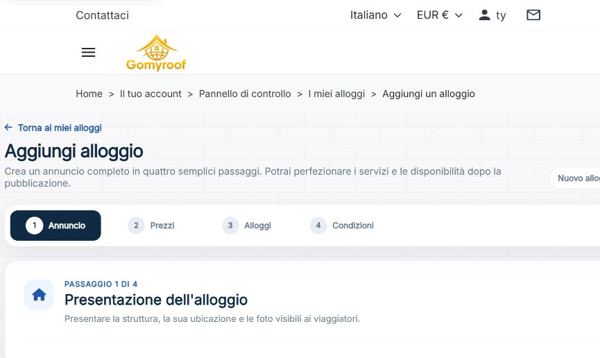 Schermata reale della pubblicazione in quattro passaggi su Gomyroof