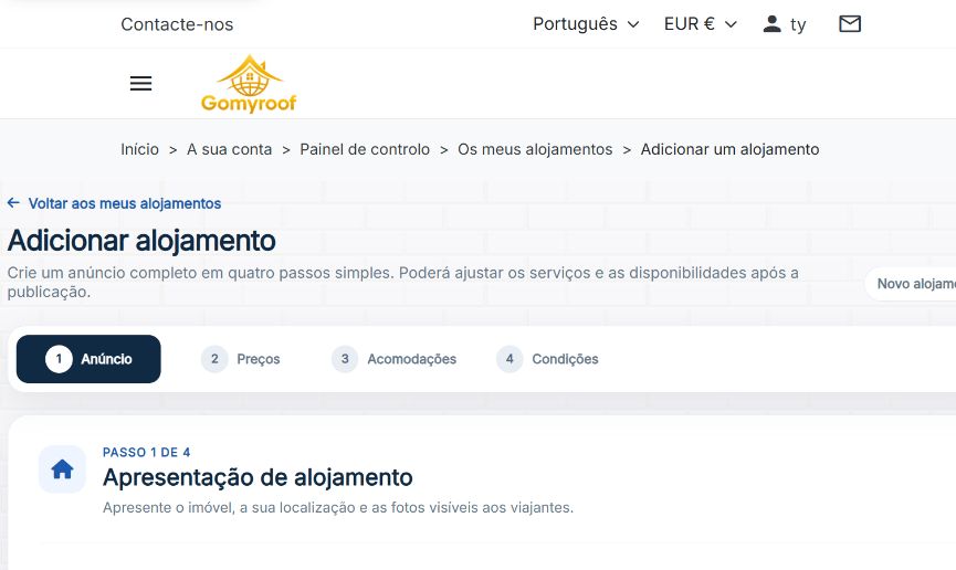 Captura real do processo de publicação em quatro passos na Gomyroof