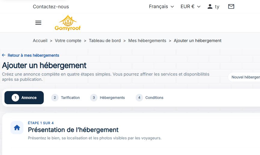 Capture réelle du processus de publication en quatre étapes sur Gomyroof