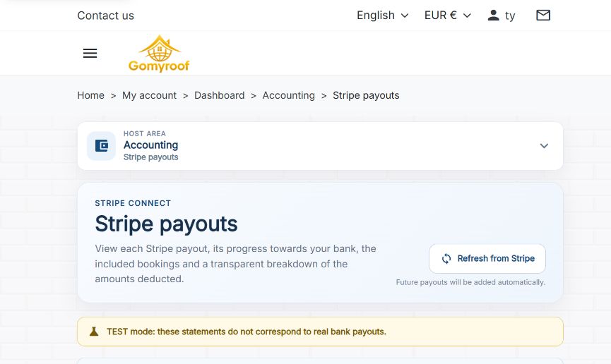 Real screenshot of Stripe payout tracking on Gomyroof