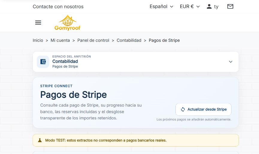 Captura real del seguimiento de pagos Stripe en Gomyroof