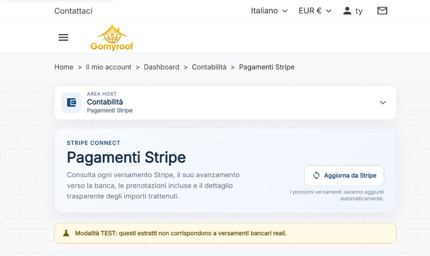 Schermata reale del monitoraggio dei pagamenti Stripe su Gomyroof