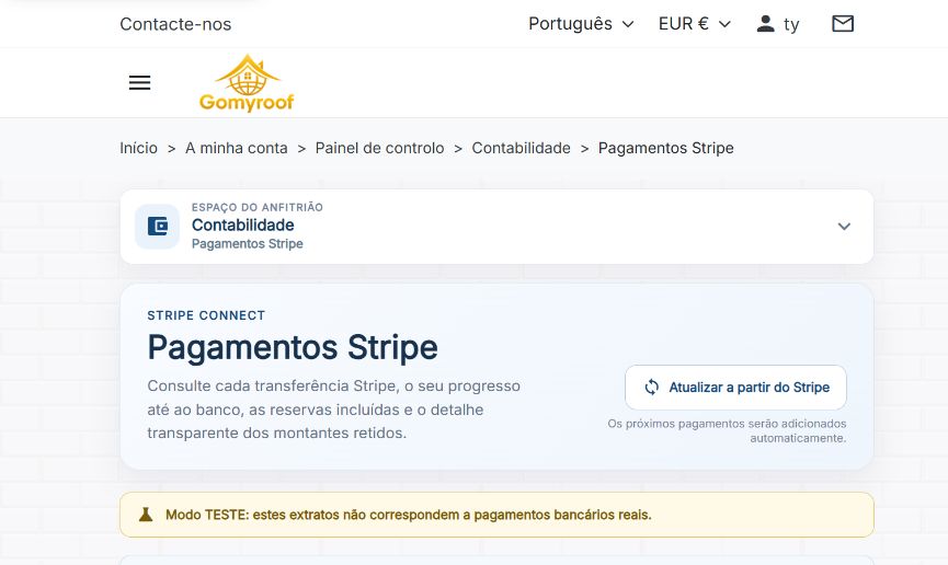 Captura real do acompanhamento de pagamentos Stripe na Gomyroof