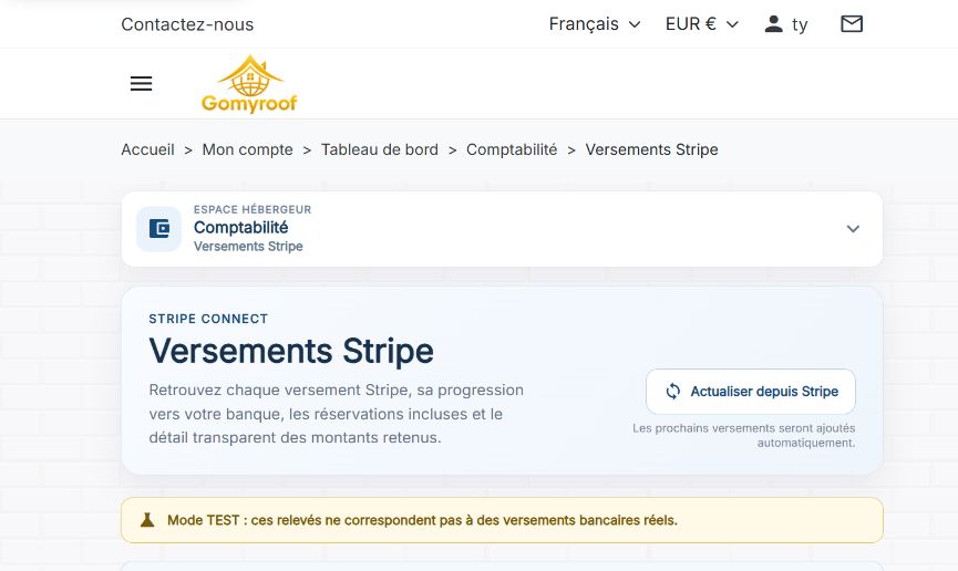 Capture réelle du suivi des versements Stripe sur Gomyroof