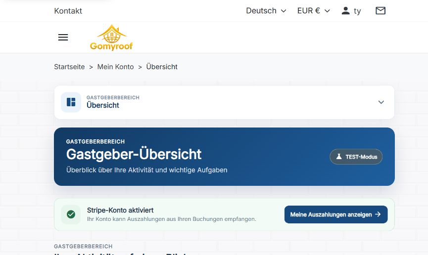 Echte Aufnahme des Gomyroof Gastgeber-Dashboards