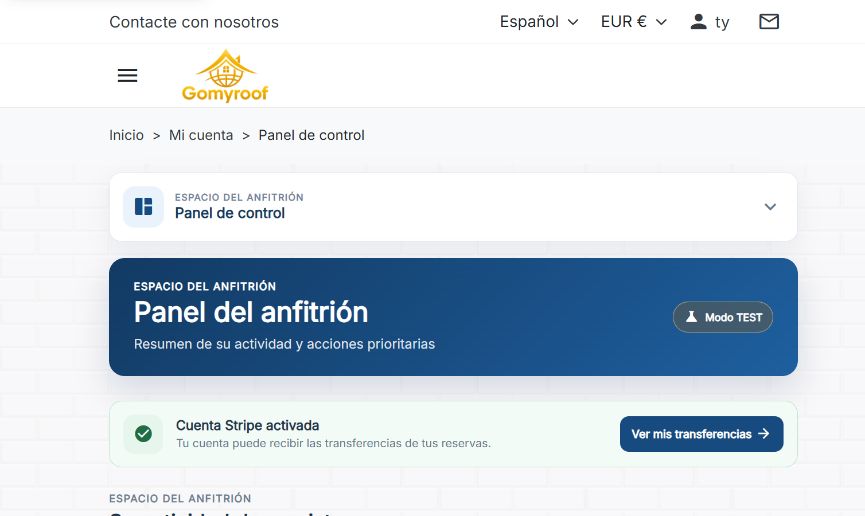 Captura real del panel de anfitrión de Gomyroof