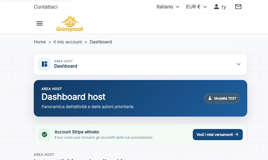 Schermata reale della dashboard host Gomyroof
