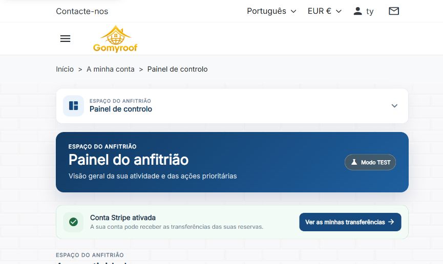 Captura real do painel de anfitrião Gomyroof