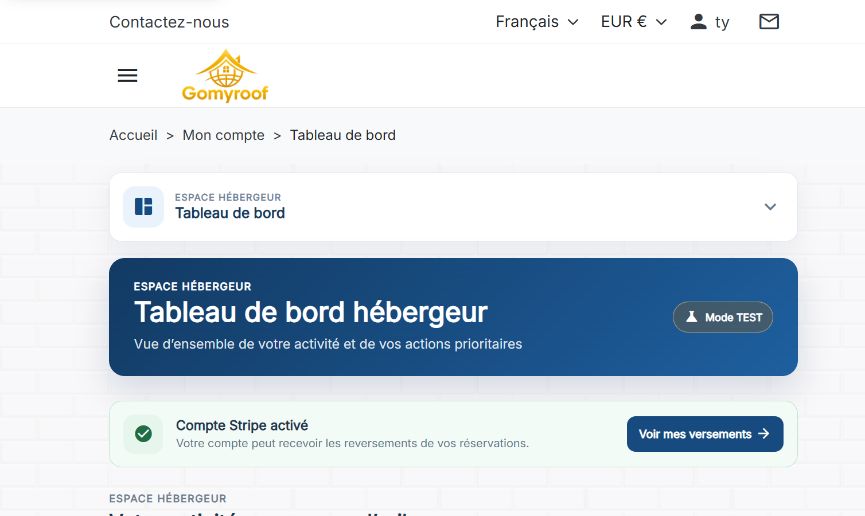 Capture réelle du tableau de bord hébergeur Gomyroof